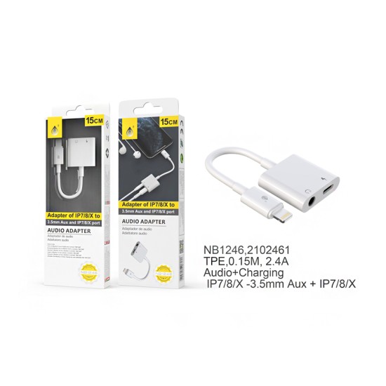 ONEPLUS 2 IN 1 AUDIO ADAPTOR CABLE BL NB1246 IP TO IPHONE CHARGING + 3.5MM AUDIO WHITE